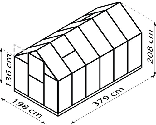 Abbildung eines Gewächshauses mit den Maßen 136 x 198 x 208 x 379 Zentimeter