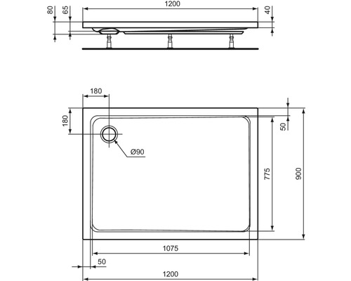 Technische Zeichnung einer Duschwanne mit Maßangaben