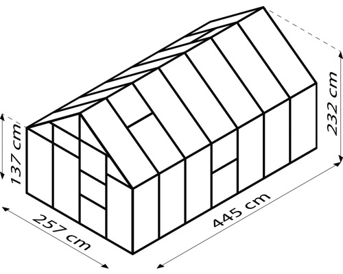 Schema eines Gewächshauses mit den Maßen 232 cm Höhe, 257 cm Breite und 445 cm Länge