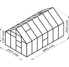 Illustration eines Gewächshauses mit den Maßen 257 mal 445 mal 232 Zentimeter