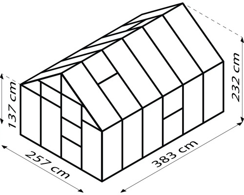 Technische Zeichnung eines Gewächshauses mit Maßangaben: 137 cm Höhe vorne, 232 cm Höhe hinten, 257 cm Breite und 383 cm Länge.