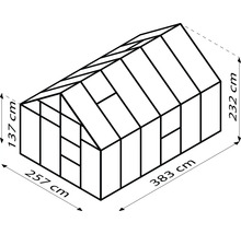 Abbildung eines Gewächshauses mit Maßangaben: 137 cm Höhe, 257 cm Breite und 383 cm Länge.