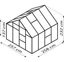Abbildung eines Gewächshauses mit den Maßen 257 cm, 258 cm, 137 cm und 232 cm.