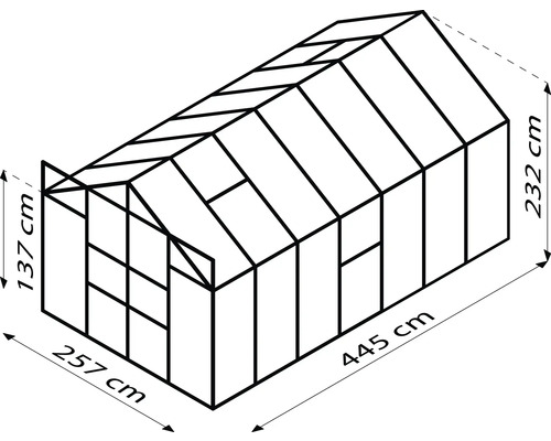 Abbildung eines Gewächshauses mit den Maßen 257 cm x 445 cm und einer Höhe von 232 cm
