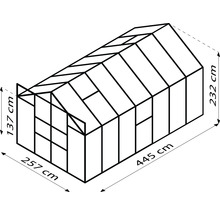Illustration eines Gewächshauses mit den Maßen 257 cm x 445 cm x 232 cm x 137 cm.