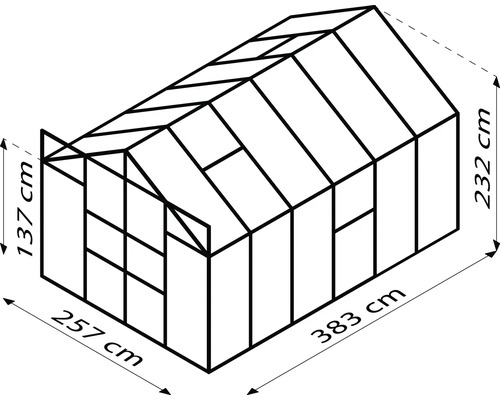 Schema eines Gewächshauses mit den Maßen 257 mal 383 mal 232 cm.