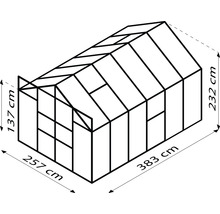 Skizze eines Gewächshauses mit den Maßen 383 mal 257 mal 232 Zentimeter.