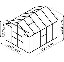 Abbildung eines Gewächshauses mit den Maßen 257 cm x 321 cm und einer Höhe von 232 cm