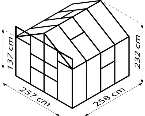 Abmessungen Gewächshaus: 257 cm Breite, 258 cm Tiefe, 137 cm Seitenhöhe, 232 cm Firsthöhe.