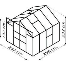 Zeichnung eines Gewächshauses mit den Maßen 257 cm Breite, 258 cm Länge und 232 cm Höhe