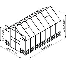 Abbildung eines Gewächshauses mit den Maßen 257 cm x 448 cm x 249 cm und einer Türhöhe von 155 cm.