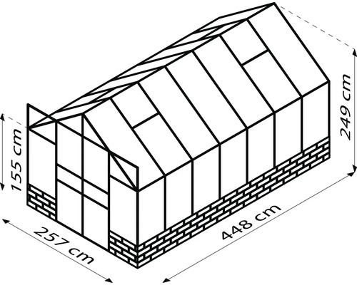 Abbildung eines Gewächshauses mit den Maßen 257 cm x 448 cm x 249 cm und einer Türhöhe von 155 cm.
