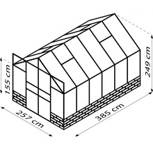 Abbildung eines Gewächshauses mit Maßangaben 257 cm, 385 cm, 155 cm, 249 cm.