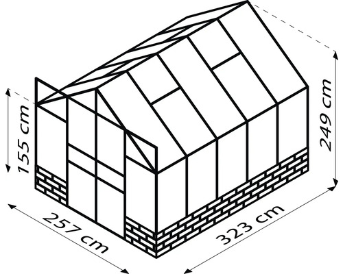 Abbildung eines Gewächshauses mit Größenangaben in Zentimetern