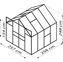 Abmessungen eines Gewächshauses: 257 cm x 258 cm x 248 cm Höhe, Seitenwand 154 cm hoch.