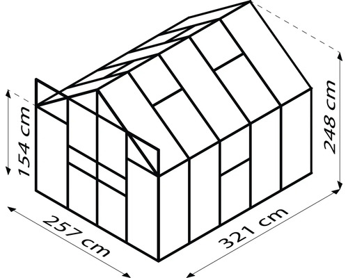 Abbildung eines Gewächshauses mit Abmessungen: 257 cm x 321 cm Grundfläche, 154 cm Seitenhöhe und 248 cm Gesamthöhe.