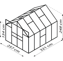 Illustration eines Gewächshauses mit Maßangaben: 257 cm Breite, 321 cm Länge, 154 cm Seitenhöhe und 248 cm Gesamthöhe.