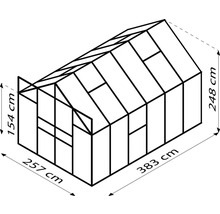 Abbildung eines Gewächshauses mit den Maßen 257 cm x 383 cm x 248 cm.