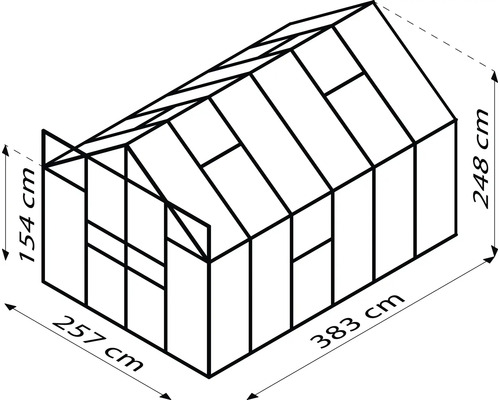 Schema eines Gewächshauses mit den Maßen 257 cm Breite, 383 cm Tiefe und 248 cm Höhe.