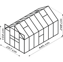 Illustration eines Gewächshauses mit den Maßen 257 cm x 445 cm x 248 cm x 154 cm.