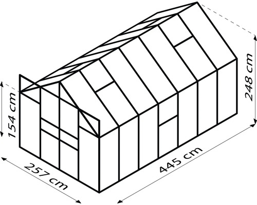 Abbildung eines Gewächshauses mit den Maßen 257 x 445 x 248 Zentimeter