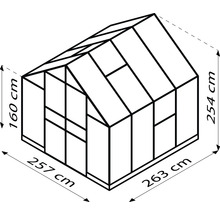Abbildung eines Gewächshauses mit den Maßen 257 x 263 x 254 cm und einer Seitenhöhe von 160 cm.