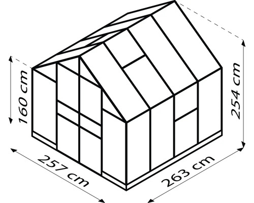 Abbildung eines Gewächshauses mit den Maßen 257 x 263 x 254 cm und einer Seitenhöhe von 160 cm.