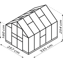 Illustration eines Gewächshauses mit den Maßen 160 cm Höhe, 257 cm Breite und 325 cm Länge