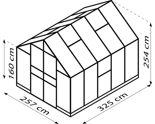 Abbildung eines Gewächshauses mit Maßangaben
