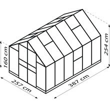 Skizze eines Gewächshauses mit den Maßen 257 cm Breite, 387 cm Länge und 254 cm Höhe.