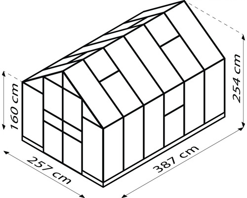 Abbildung eines Gewächshauses mit den Maßen 387 cm Länge, 257 cm Breite und 254 cm Höhe.