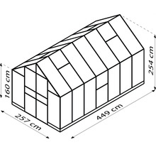 Illustration eines Gewächshauses mit den Maßen 257 cm x 449 cm x 254 cm x 160 cm