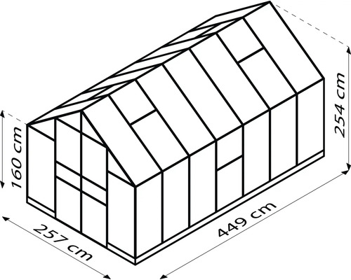 Abbildung eines Gewächshauses mit den Maßen 257 cm x 449 cm x 254 cm x 160 cm.