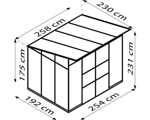 Illustration eines Gerätehauses mit Maßangaben zu Länge, Breite und Höhe
