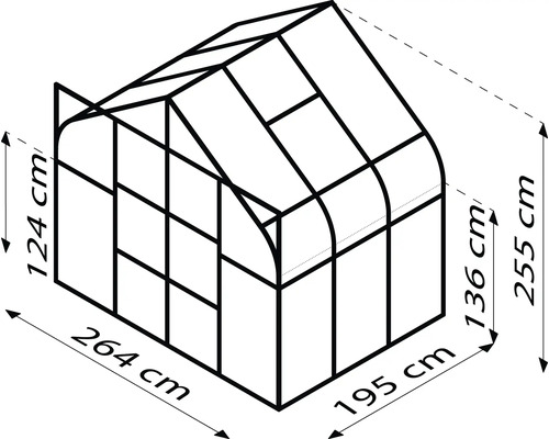 Skizze eines Gewächshauses mit den Maßen 264 x 195 x 255 cm