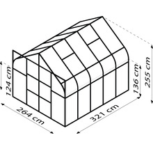 Abbildung eines Gewächshauses mit den Maßen 264 cm x 321 cm und einer Höhe von 255 cm.