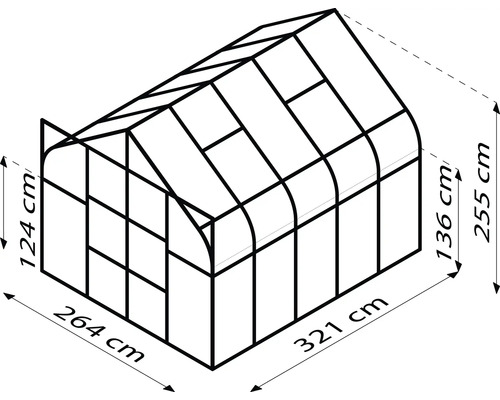 Skizze eines Gewächshauses mit den Maßen 264 mal 321 Zentimeter und einer Höhe von 255 Zentimetern