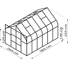 Skizze eines Gewächshauses mit den Maßen 264 mal 383 Zentimeter Grundfläche und 255 Zentimeter Höhe