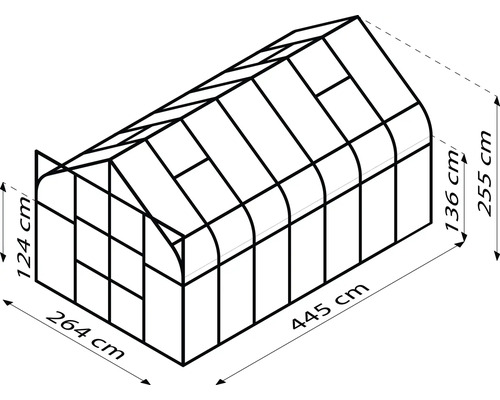Illustration eines Gewächshauses mit den Maßen 264 mal 445 mal 255 Zentimeter