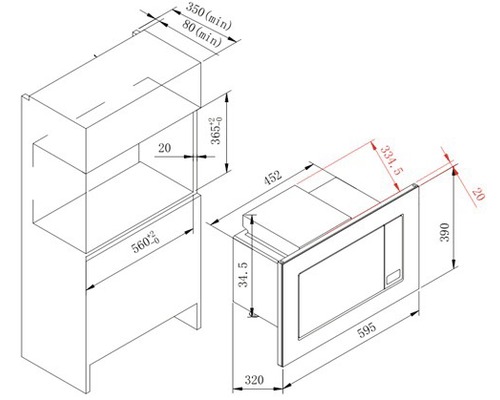 Technische Zeichnung einer Dunstabzugshaube mit Maßen.