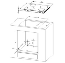 Einbauzeichnung eines Kochfeldes mit Maßangaben für den Einbau in eine Küchenzeile.