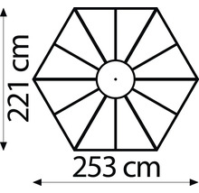 Zeichnung eines Sonnenschirms mit den Maßen 221 cm und 253 cm