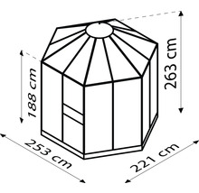 Technische Zeichnung eines Pavillons mit den Maßen 263 cm Höhe, 253 cm Breite und 221 cm Tiefe.