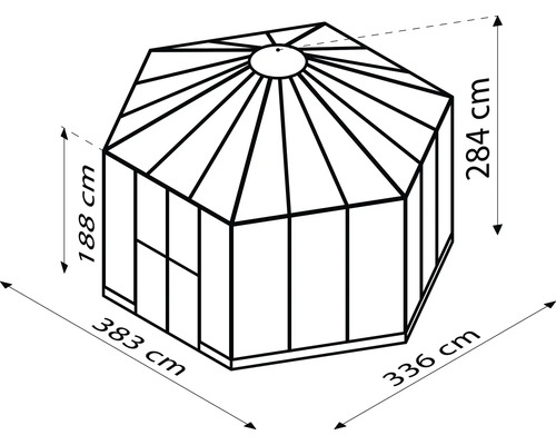 Abbildung eines Gartenhauses mit den Maßen 188 cm Höhe, 383 cm Breite, 336 cm Tiefe und 284 cm Gesamthöhe