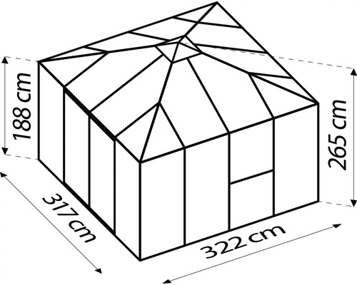 Technische Zeichnung eines Gewächshauses mit den Maßen 317 cm x 322 cm und einer Höhe von 188 cm bis 265 cm.