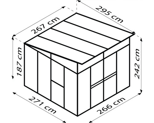 Abbildung eines Gerätehauses mit Maßangaben