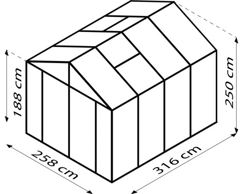 Technische Zeichnung eines Gewächshauses mit den Maßen 258 cm x 316 cm x 250 cm.