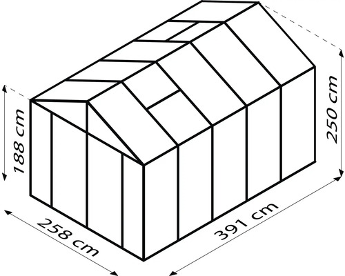 Schema eines Gewächshauses mit den Maßen 258 mal 391 mal 250 Zentimeter