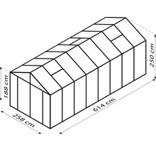 Abbildung des Gewächshausmodells mit Abmessungen: 614 cm Länge, 258 cm Breite und 250 cm Höhe