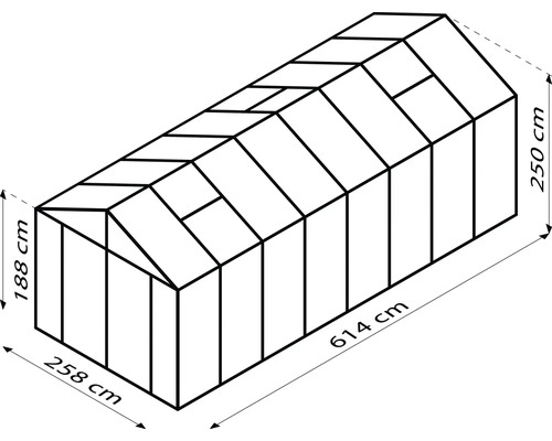 Abbildung eines Gewächshauses mit den Maßen 614 cm Länge, 258 cm Breite und 250 cm Höhe